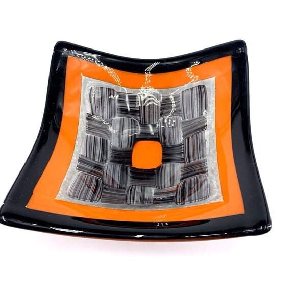Fused Art Glass Bowl Candy Trinket Dish Black Orange 7 x 7" Unsigned - Picture 1 of 8